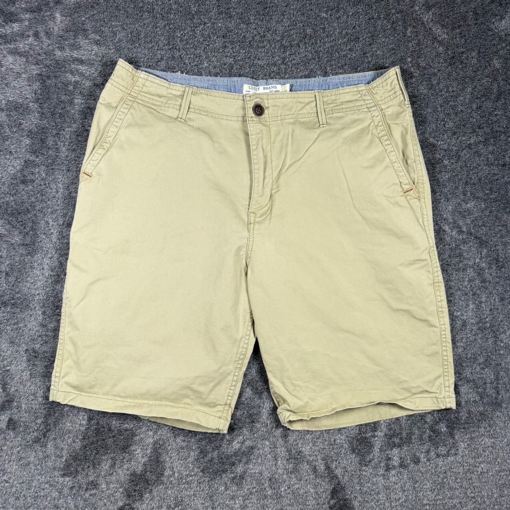 Lucky Brand Mens Khaki Tan Flat Front Chino Shorts Size 36 80318 Cotton Twill